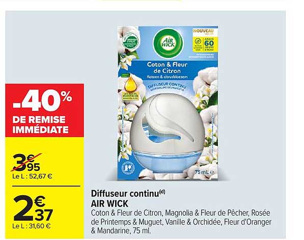 Diffuseur continu(d) AIR WICK Coton & Fleur de Citron, Magnolia & Fleur de Pêcher, Rosée de Printemps & Muguet, Vanille & Orchidée, Fleur d'Oranger & Mandarine, 75 ml.