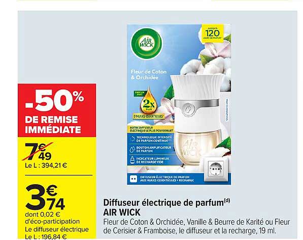 Diffuseur électrique de parfum AIR WICK Fleur de Coton & Orchidée, Vanille & Beurre de Karité ou Fleur de Cerisier & Framboise, le diffuseur et la recharge, 19 ml.