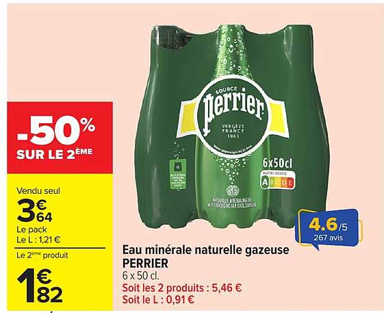 Eau minérale naturelle gazeuse PERRIER 6 x 50 cl. Soit les 2 produits : 5,46 €