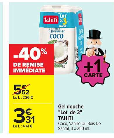 Gel douche "Lot de 3" TAHITI Coco, Vanille Ou Bois De Santal, 3 x 250 ml.