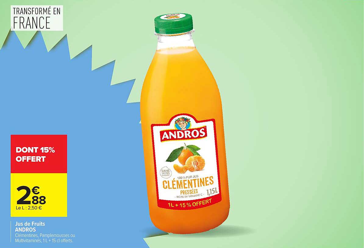 Jus de Fruits ANDROS Clémentines, Pamplemousses ou Multivitaminés, 1L + 15 cl offerts.