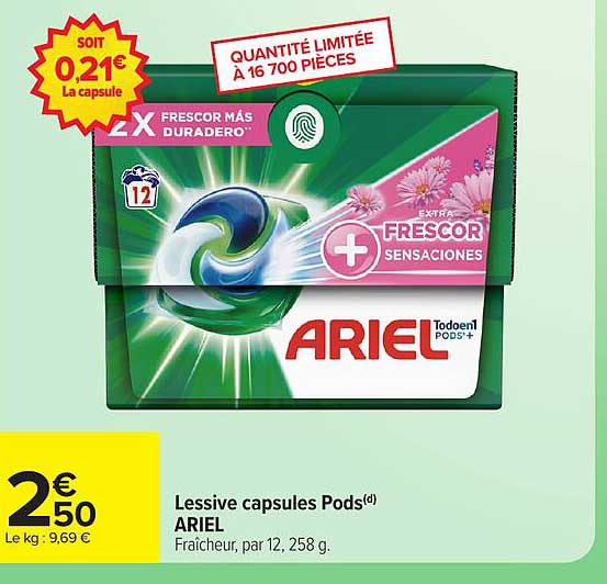 Lessive capsules Pods(d) ARIEL Fraîcheur, par 12, 258 g.