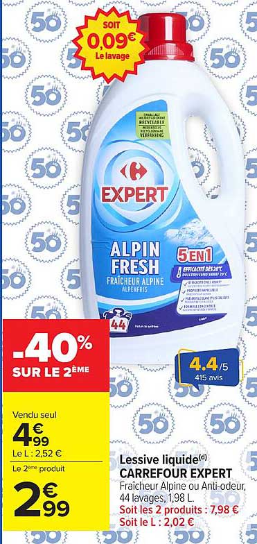 Lessive liquide CARREFOUR EXPERT Fraîcheur Alpine anti-odeur 44 lavages, 1,98 L.