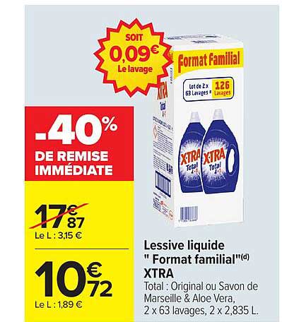 Lessive liquide "Format familial" XTRA Total : Original ou Savon de Marseille & Aloe Vera, 2 x 63 lavages, 2 x 2,835 L