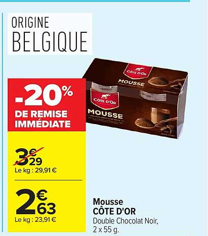 Mousse CÔTE D'OR Double Chocolat Noir, 2 x 55 g.