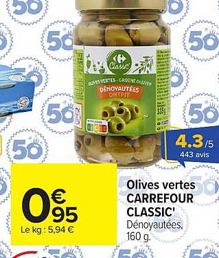 Olives vertes CARREFOUR CLASSIC' Dénoyautées, 160 g.