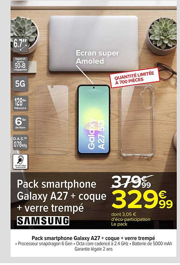 Pack smartphone Galaxy A27 + coque + verre trempé