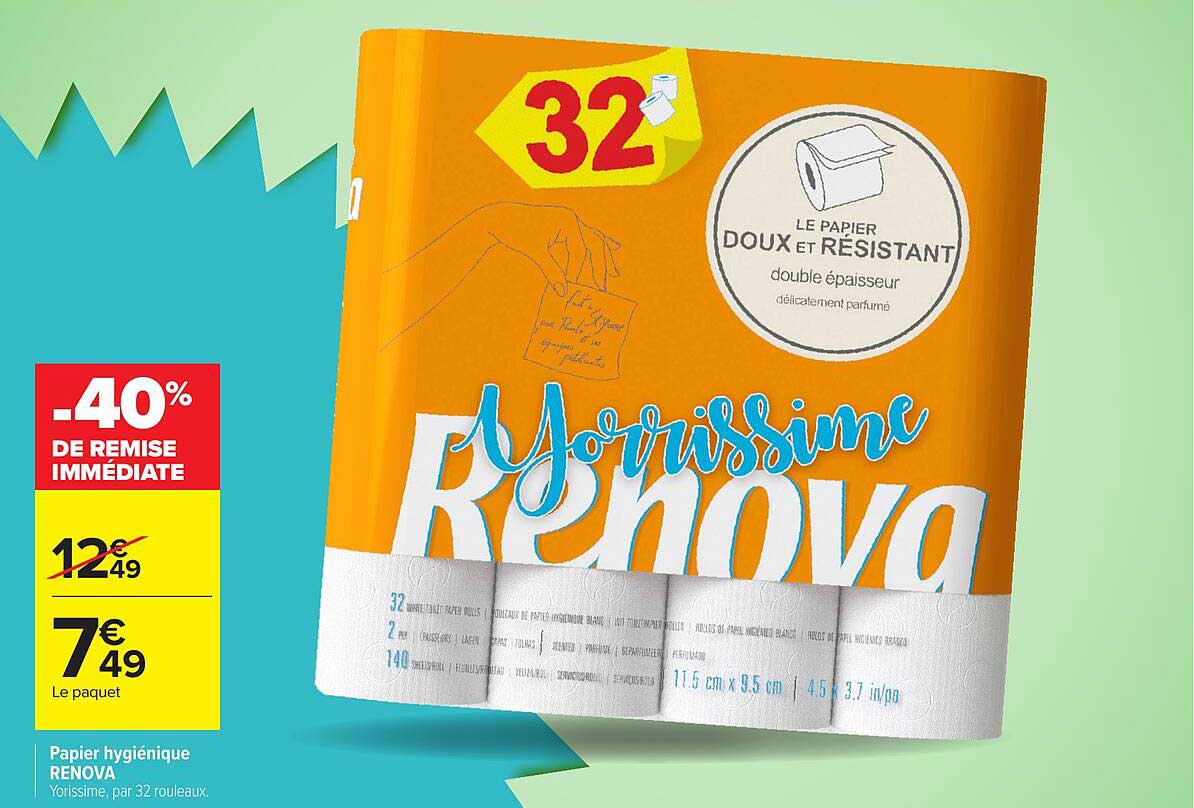 Papier hygiénique RENOVA Yorissime, par 32 rouleaux