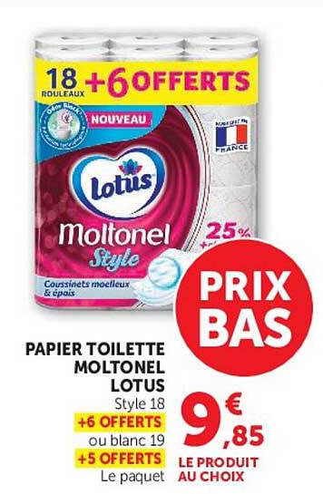 PAPIER TOILETTE MOLTENEL LOTUS Style 18 +6 OFFERTS ou blanc 19 +5 OFFERTS Le paquet