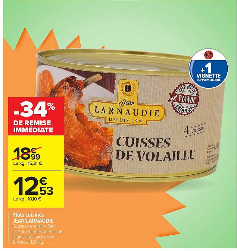 Plats cuisinés JEAN LARNAUDIE Cuisses de Volaille, Petit salé aux lentilles ou Haricots lingots aux saucisses de Toulouse, 1,24 kg