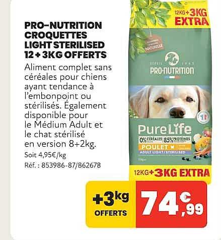 PRO-NUTRITION CROQUETTES LIGHT STERILISED 12 + 3KG OFFERTS