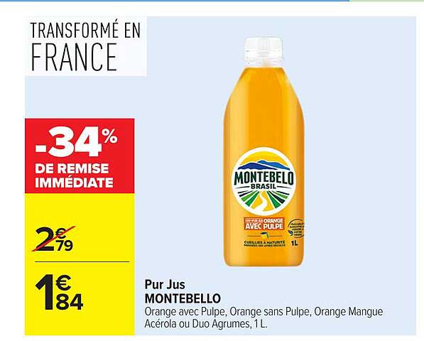 Pur Jus MONTEBELLO Orange avec Pulpe, Orange sans Pulpe, Orange Mangue Acérola ou Duo Agrumes, 1 L.