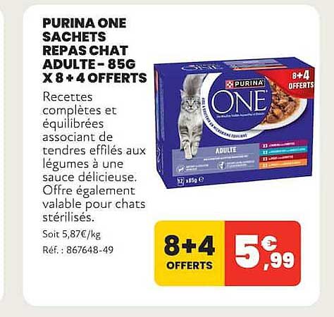 PURINA ONE SACHETS REPAS CHAT ADULTE - 85G X 8 + 4 OFFERTS