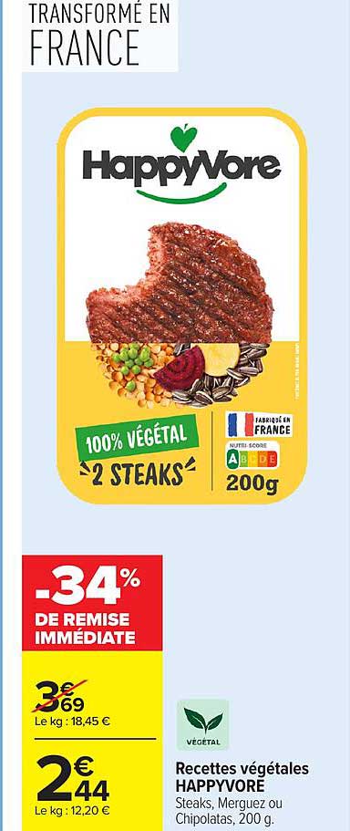 Recettes végétales HAPPVORE Steaks, Merguez ou Chipoltas, 200 g.