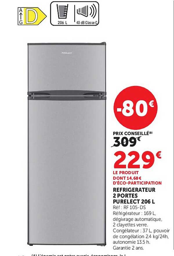 REFRIGERATEUR 2 PORTES PURELECT 206 L