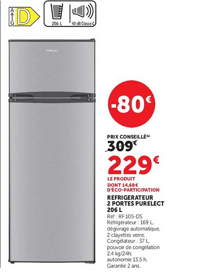 RÉFRIGÉRATEUR 2 PORTES PURELECT 206 L