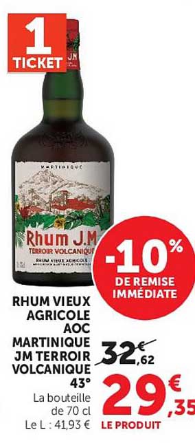 RHUM VIEUX AGRICOLE AOC MARTINIQUE JM TERROIR VOLCANIQUE 43°