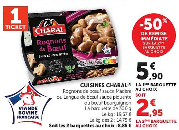 Rognons de bœuf sauce Madère ou Langue de bœuf sauce piquante ou bœuf bourguignon La barquette de 300 g