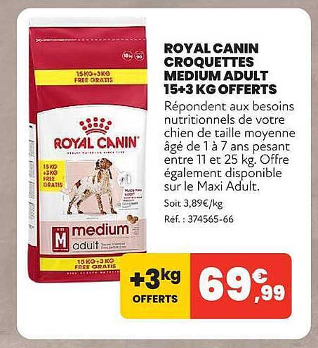 ROYAL CANIN CROQUETTES MEDIUM ADULT 15+3 KG OFFERTS