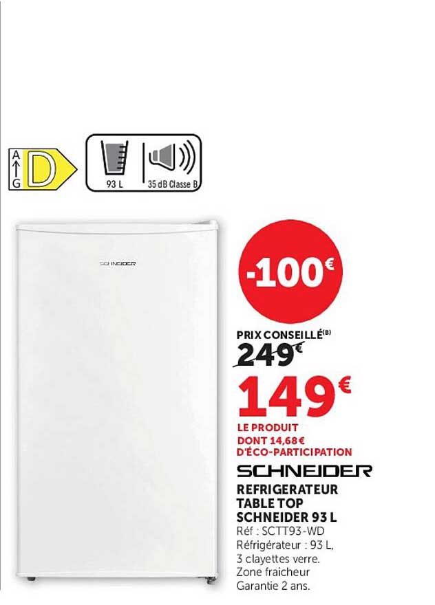 SCHNEIDER REFRIGERATEUR TABLE TOP SCHNEIDER 93 L