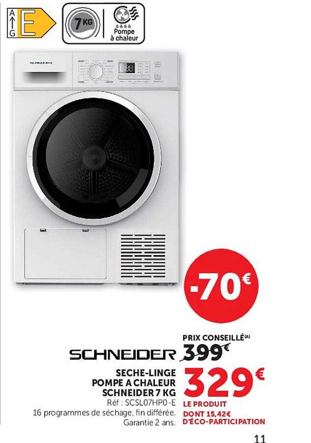 SECHE-LINGE POMPE A CHALEUR SCHNEIDER 7 KG