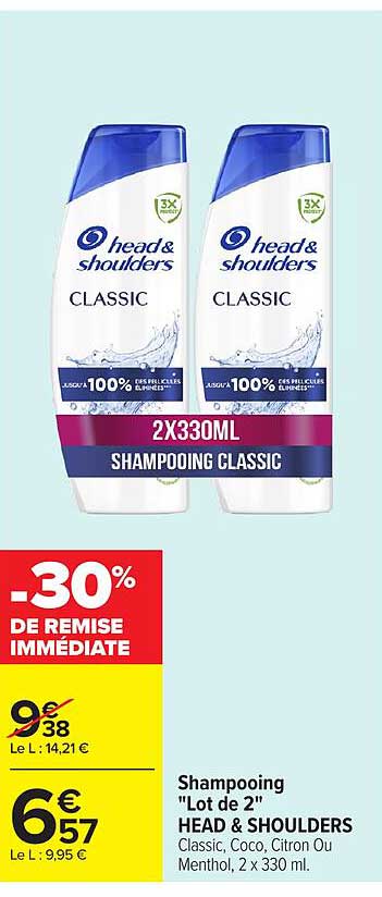 Shampooing "Lot de 2" HEAD & SHOULDERS Classic, Coco, Citron ou Menthol, 2 x 330 ml.