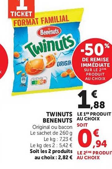 TICKET FORMAT FAMILIAL Twinuts Benenuts Original ou bacon Le sachet de 260 g