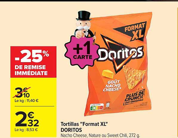 Tortillas "Format XL" DORITOS Nacho Cheese, Nature ou Sweet Chili, 272 g.