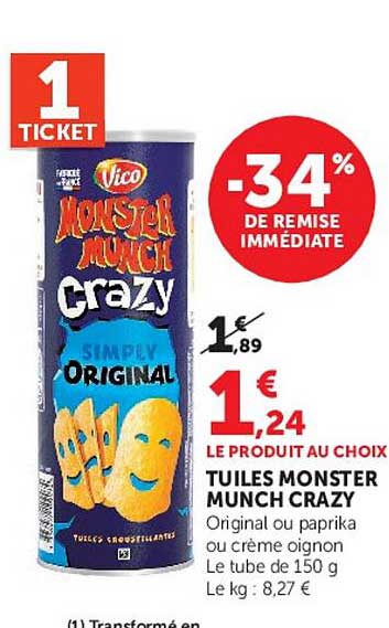TUILES MONSTER MUNCH CRAZY Original ou paprika ou crème oignon