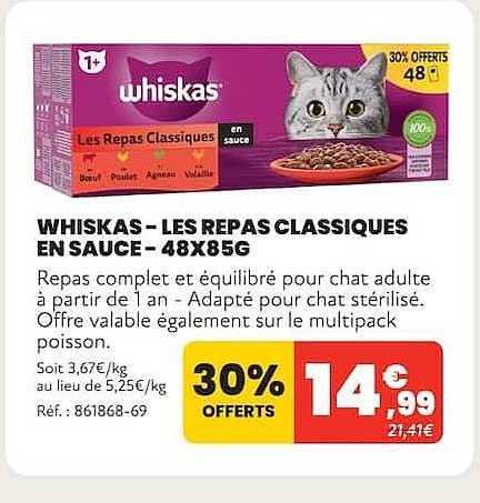 WHISKAS – LES REPAS CLASSIQUES EN SAUCE – 48X85G
