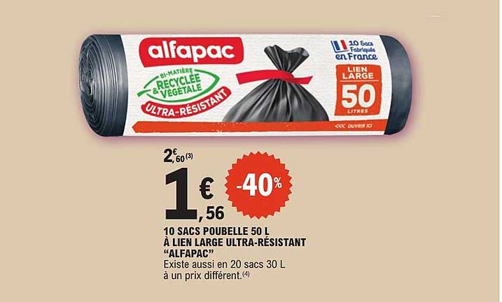 10 SACS POUBELLE 50 L À LIEN LARGE ULTRA-RÉSISTANT “ALFAPAC”