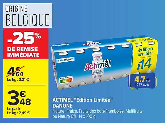 ACTIMEL "Edition Limitée" DANONE Nature, Fraise, Fruits des bois/Framboise, Multifruts ou Nature 0%, 14 x 100 g.