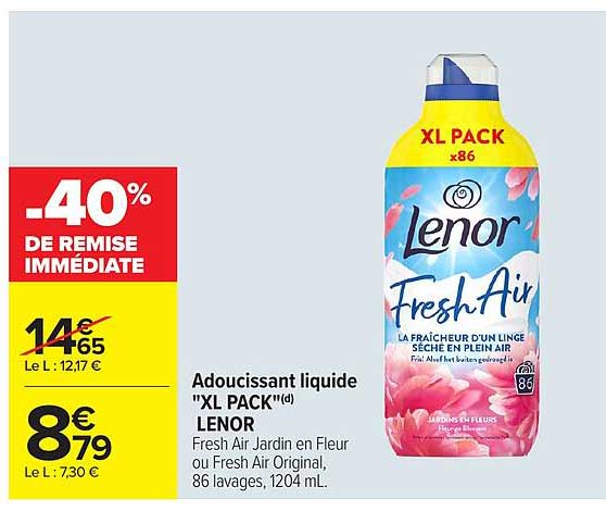 Adoucissant liquide “XL PACK”(d) LENOR Fresh Air Jardin en Fleur ou Fresh Air Original, 86 lavages, 1204 mL.