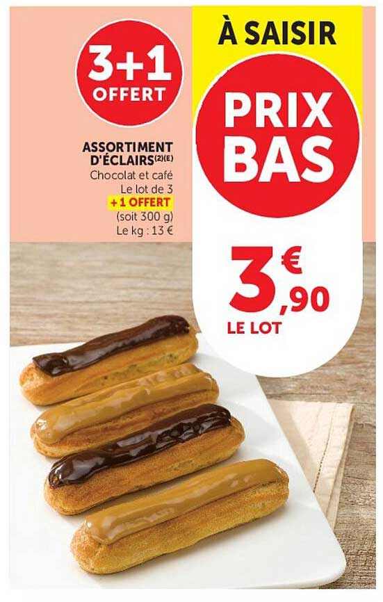 ASSORTIMENT D'ÉCLAIRS(2)(E) Chocolat et café Le lot de 3 +1 OFFERT (soit 300 g) Le kg : 13 €