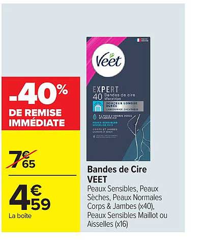 Bandes de Cire VEET Peaux Sensibles, Peaux Sèches, Peaux Normales Corps & Jambes (x40), Peaux Sensibles Maillot ou Aisselles (x16)