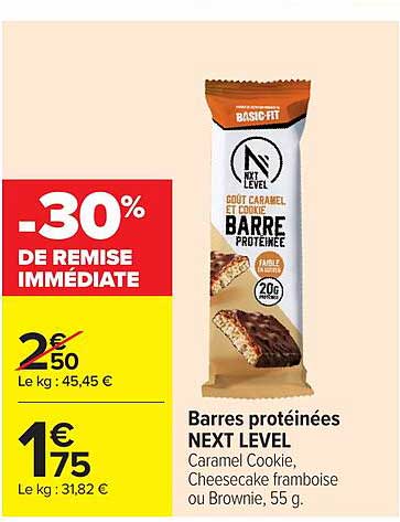 Barres protéinées NEXT LEVEL Caramel Cookie, Cheesecake framboise ou Brownie, 55 g.