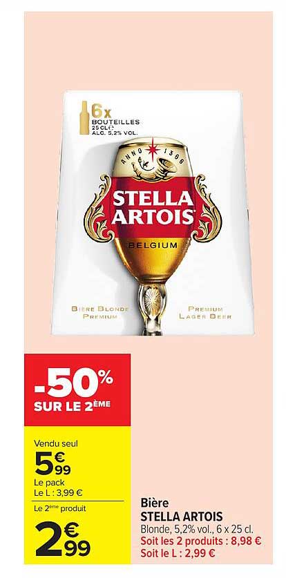 Bière STELLA ARTOIS Blonde, 5,2% vol., 6 x 25 cl.