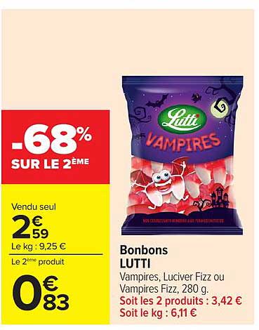 Bonbons LUTTI Vampires, Lucifer Fizz ou Vampires Fizz, 280 g