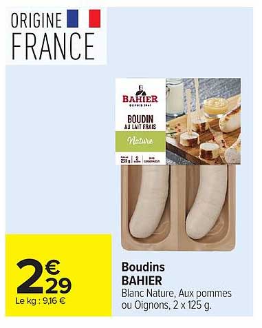 Boudins BAHIER Blanc Nature, Aux pommes ou Oignons, 2 x 125 g.