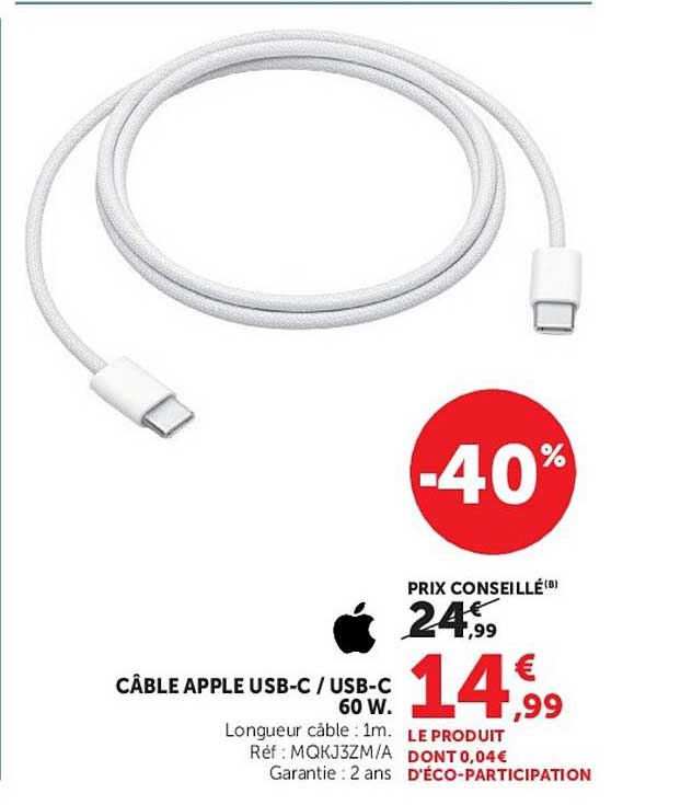 CÂBLE APPLE USB-C / USB-C 60 W.