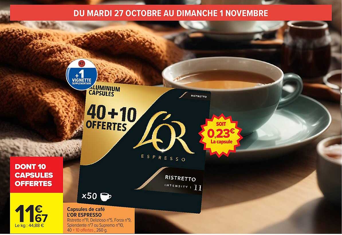 Capsules de café L'OR ESPRESSO Ristretto n°11, Delizioso n°5, Forza n°9, Splendente n°7 ou Supremo n°10, 40 + 10 offertes, 260 g