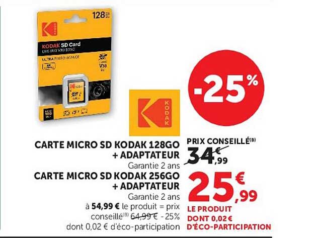 CARTE MICRO SD KODAK 128GO + ADAPTATEUR