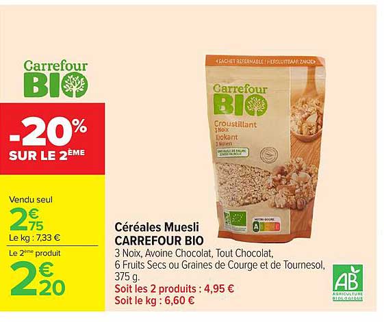 Céréales Muesli CARREFOUR BIO 3 Noix, Avoine Chocolat, Tout Chocolat, 6 Fruits Secs ou Graines de Courge et de Tournesol, 375 g.