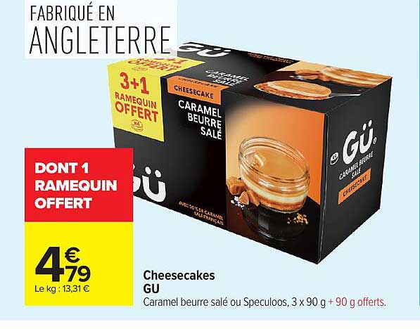 Cheesecakes GU Caramel beurre salé ou Speculoos, 3 x 90 g + 90 g offerts
