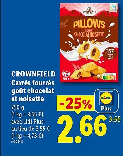 CROWNFIELD Carrés fourrés goût chocolat et noisette 750 g (1 kg = 3,55 €) avec Lidl Plus au lieu de 3,55 € (1 kg = 4,73 €) n°206417
