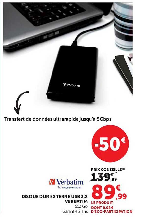 DISQUE DUR EXTERNE USB 3.2 VERBATIM 512 Go Garantie 2 ans