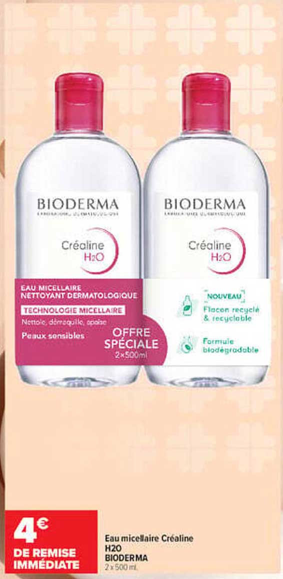Eau micellaire Créaline H2O BIODERMA 2 x 500 mL