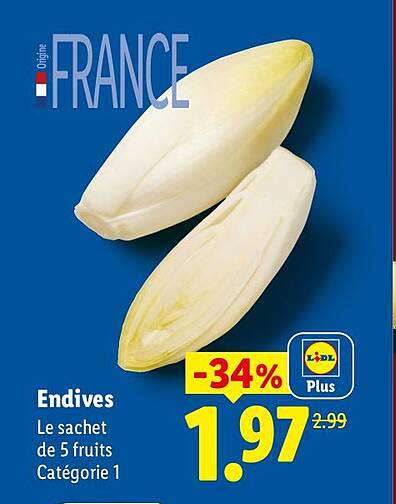 Endives Le sachet de 5 fruits Catégorie 1