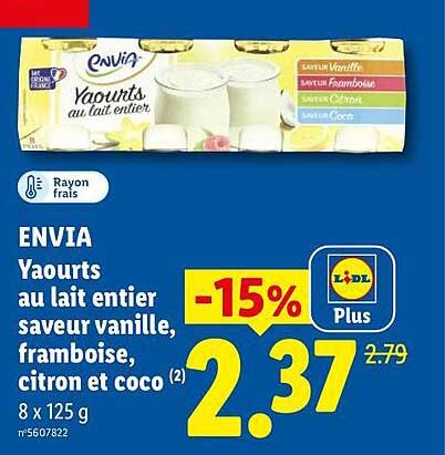 ENVIA Yaourts au lait entier saveur vanille, framboise, citron et coco (2)