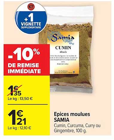 Epices moulues SAMIA Cumin, Curcuma, Curry ou Gingembre, 100 g.